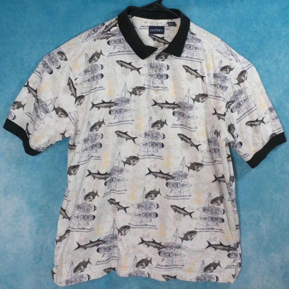 Puritan Fish & Sailboats Short Sleeve Men's Polo Shirt, Size XL